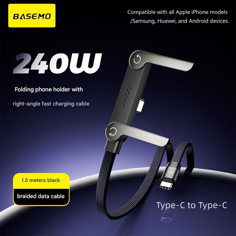 Basemo 240W Super Fast Charging Cable with Stand for Iphone Samsung Type-C Devices Black 2-In-1 Cord & Phone Holder for Gaming Office Car Travel