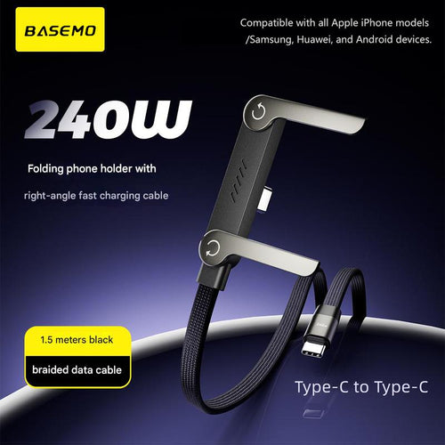 Basemo 240W Super Fast Charging Cable with Stand for Iphone Samsung Type-C Devices Black 2-In-1 Cord & Phone Holder for Gaming Office Car Travel