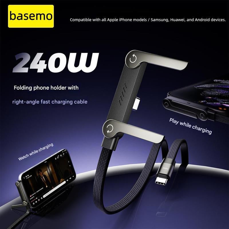 Basemo 240W Super Fast Charging Cable with Stand for Iphone Samsung Type-C Devices Black 2-In-1 Cord & Phone Holder for Gaming Office Car Travel