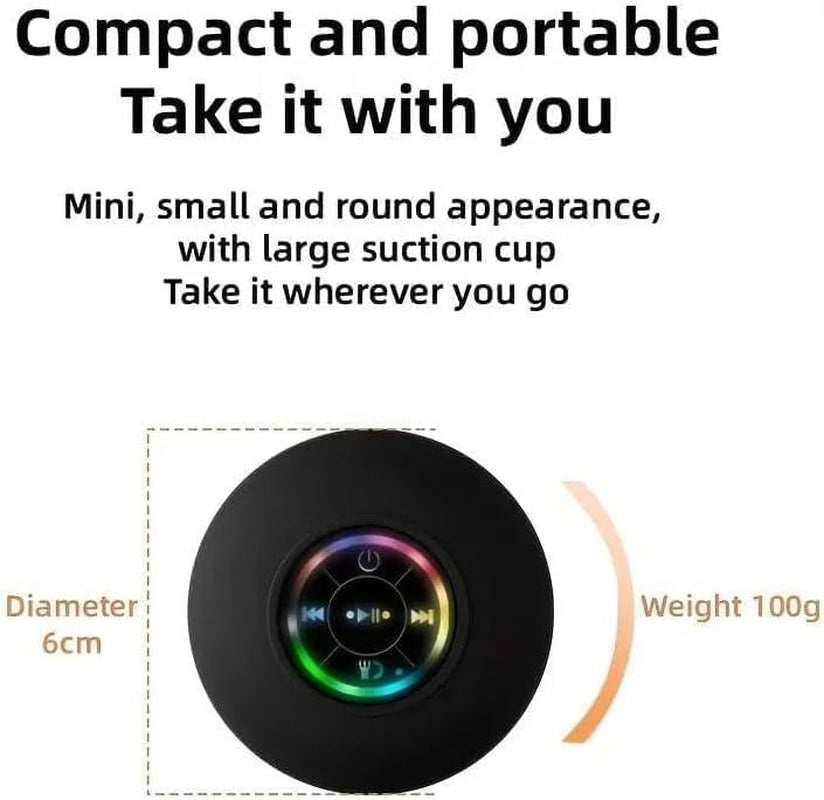 Mini Bluetooth Shower Speaker with LED Light, Portable IPX4 Waterproof, Hands-Free Speakerphone. Rechargeable Using Micro USB, Wireless Stereo for Beach, Shower & Home