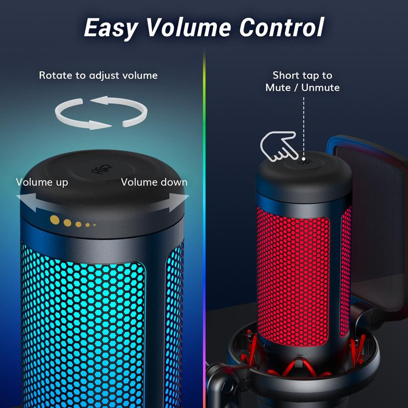 TONOR TC310 USB Streaming Gaming Microphone for PC, PS4/PS5, RGB Lighting, Easy Sound Control, One-Tape Mute, Mic with Mount Adapter