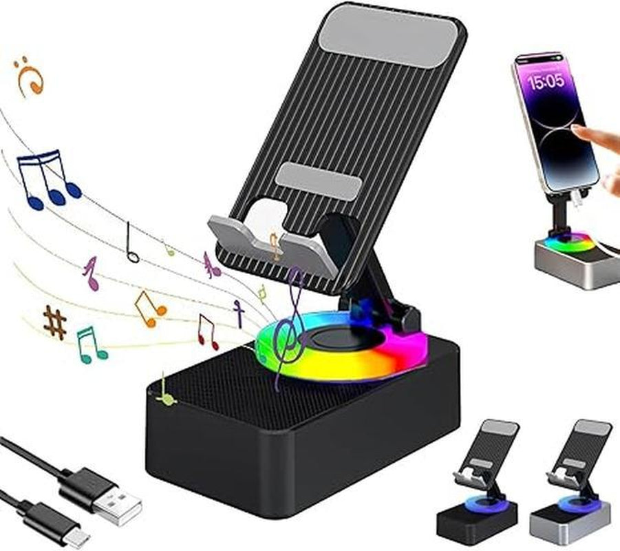 Wireless Audio Bluetooth Speaker 5In1 Phone Holder Emergency Rechargeable Withcolorful Ambient Light 300° Foldable for Tablet Iphone Android, Gifts for Men Women ，Black