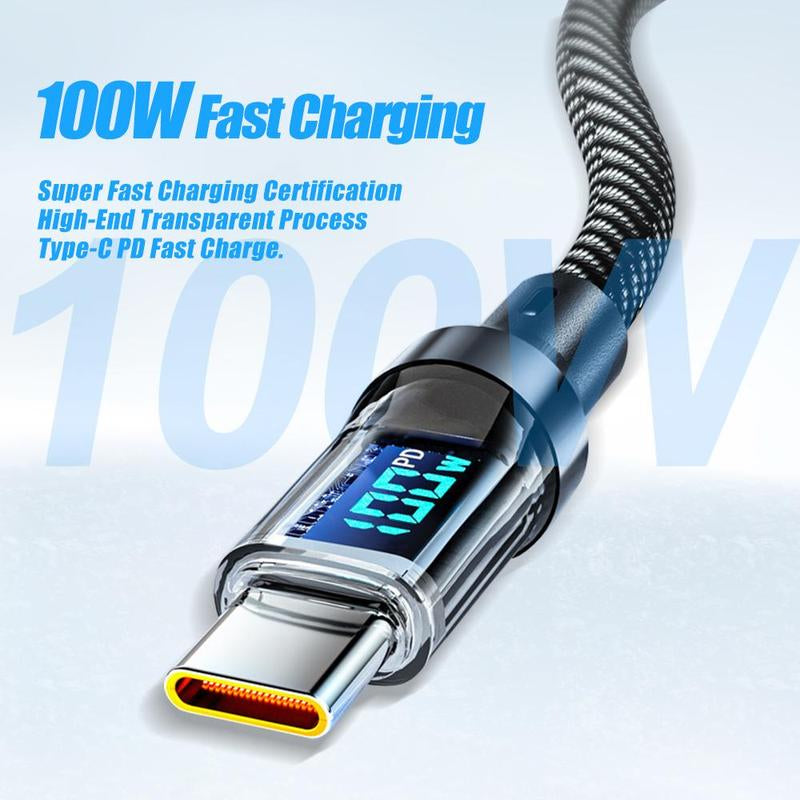 100W Fast Charging Type-C Data Cable, Intelligent Digital Display Phone Charging Cable, Wear-Resistant Nylon Braided Durable Data Cable for Iphone 15 & Android #TOP PICKS