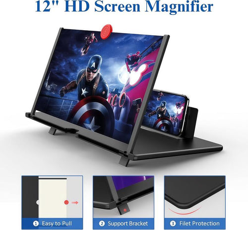 12" Screen Magnifier,3D HD Mobile Phone Magnifier Projector Screen Enlarger for Movies, Videos, and Gaming,Foldable Cell Phone Stand with Screen Amplifier,Supports All Smartphones (Black, 12Inch) Valentine'S Day