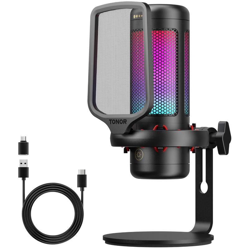 TONOR TC310 USB Streaming Gaming Microphone for PC, PS4/PS5, RGB Lighting, Easy Sound Control, One-Tape Mute, Mic with Mount Adapter
