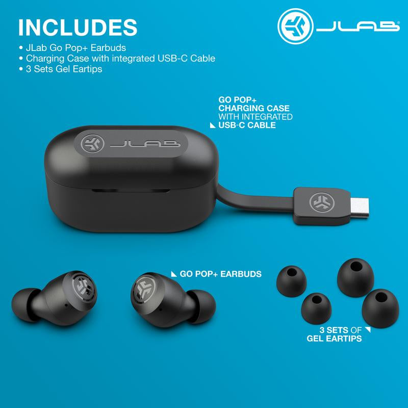 Jlab GO POP+ True Wireless Earbuds with 35+ Hour Playtime Dual Connect IPX4 Sweatproof Fast Charge 10 Minutes for 1+ Hour Playtime Rechargeable Bluetooth 5.3 Headset