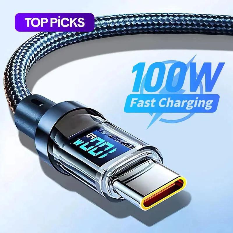 100W Fast Charging Type-C Data Cable, Intelligent Digital Display Phone Charging Cable, Wear-Resistant Nylon Braided Durable Data Cable for Iphone 15 & Android #TOP PICKS